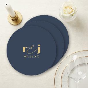 Elegante huwelijksinitiaal Navy Blue Goud ID1312 Ronde Kartonnen Onderzetter