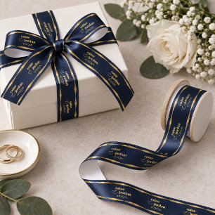 Elegante huwelijksinitiaal Navy Blue Goud ID1312 Satijnen Lint