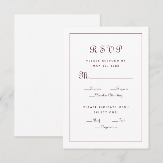 Elegante huwelijksmaaltijd keuze bijlage Bourgondi RSVP Kaartje (Voorkant / Achterkant)