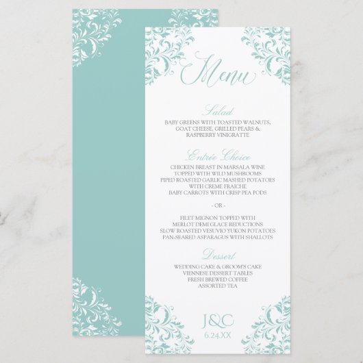 Elegante huwelijksmenu's | Nadine (licht turkoois) Menu (Voorkant / Achterkant)