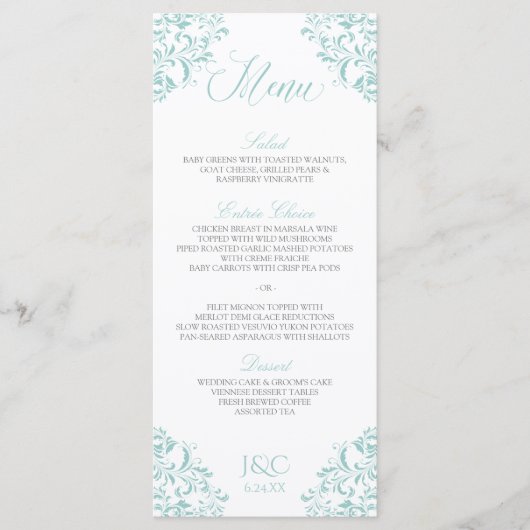 Elegante huwelijksmenu's | Nadine (licht turkoois) Menu (Voorkant)