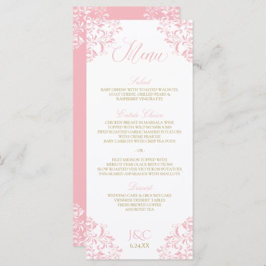 Elegante huwelijksmenu's | Nadine (roze en goud) Menu (Voorkant / Achterkant)