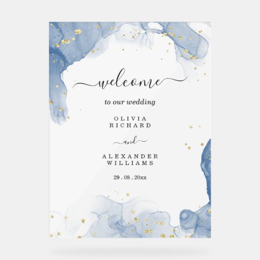 Elegante huwelijksuitnodiging blauw en goud minima acryl bord (Voorkant)