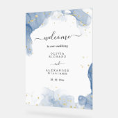 Elegante huwelijksuitnodiging blauw en goud minima acryl bord (Hoek)