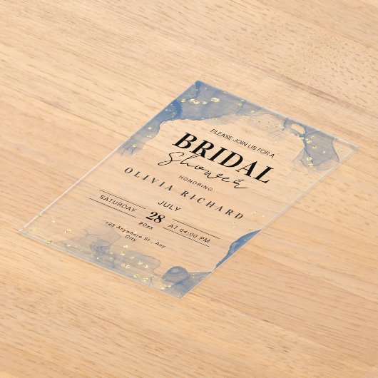 Elegante huwelijksuitnodiging blauw en goud minima acryl uitnodigingen (Laagn)