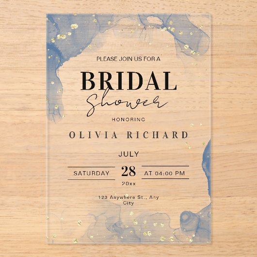 Elegante huwelijksuitnodiging blauw en goud minima acryl uitnodigingen (Voorkant)