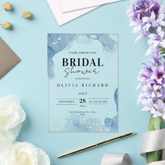 Elegante huwelijksuitnodiging blauw en goud minima acryl uitnodigingen (Insitu (Huwelijk))