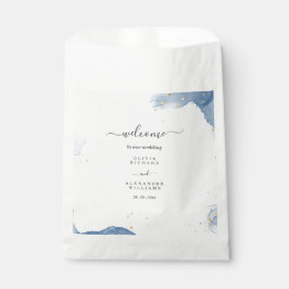 Elegante huwelijksuitnodiging blauw en goud minima bedankzakje