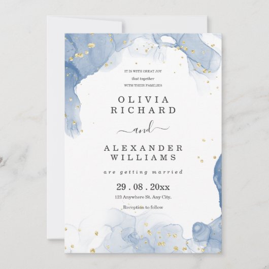 Elegante huwelijksuitnodiging blauw en goud minima kaart (Voorkant)