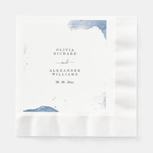 Elegante huwelijksuitnodiging blauw en goud minima servet (Voorkant)