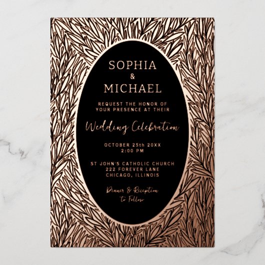 Elegante huwelijksuitnodiging Foto Botanische blad Folie Feestdagenkaart (Voorkant)