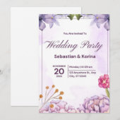 Elegante huwelijksuitnodiging met paarse bloemen kaart (Voorkant / Achterkant)