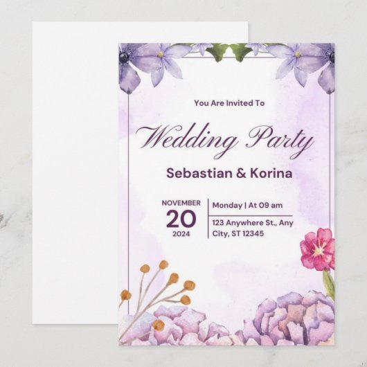 Elegante huwelijksuitnodiging met paarse bloemen kaart (Voorkant / Achterkant)