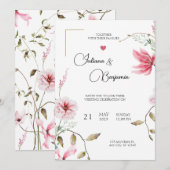 Elegante huwelijksuitnodiging met romantische bloe kaart (Voorkant / Achterkant)