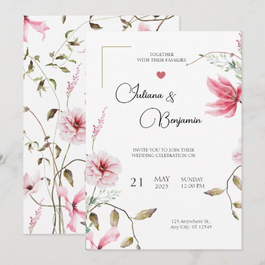 Elegante huwelijksuitnodiging met romantische bloe kaart (Voorkant / Achterkant)