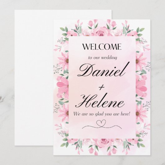 Elegante huwelijksuitnodiging met roze bloemen kaart (Voorkant / Achterkant)