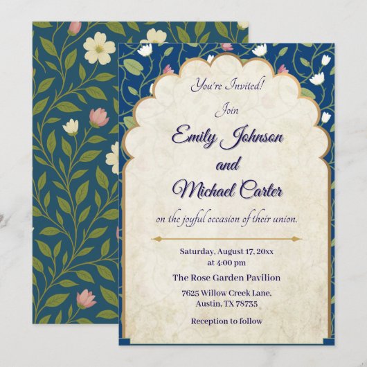 Elegante huwelijksuitnodiging | Navy blauw en goud Kaart (Voorkant / Achterkant)