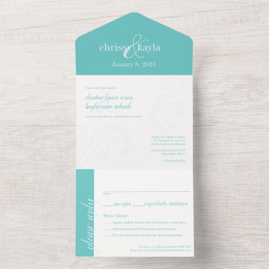 Elegante huwelijksuitnodiging, turquoise all-in-on all in one uitnodiging (Binnen)