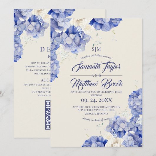 Elegante Hydrangea Blauwe Ivoren Bruiloft Kaart (Voorkant / Achterkant)
