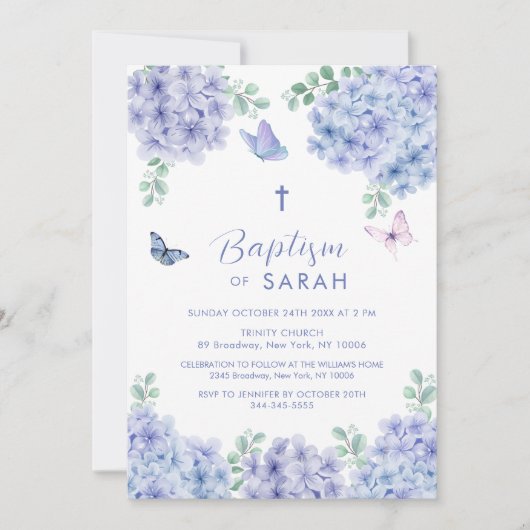 Elegante Hydrangea bloementuin kruis doop Kaart (Voorkant)