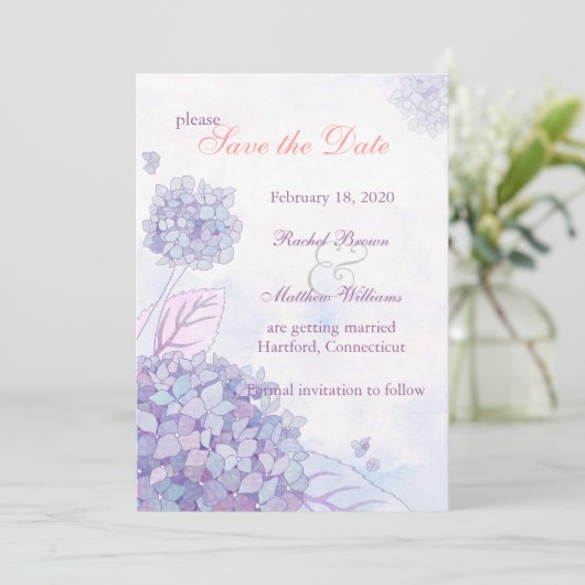 Elegante Hydrangea Blooms Floral Save the Date Kaart (Staand voorkant)