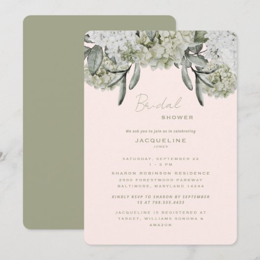 Elegante Hydrangea Blush & Sage Afgeronde Douche Kaart (Voorkant / Achterkant)