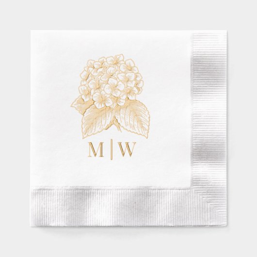 Elegante Hydrangea Boeket Bruidspaar Beginletters Folie Servetten (Voorkant)