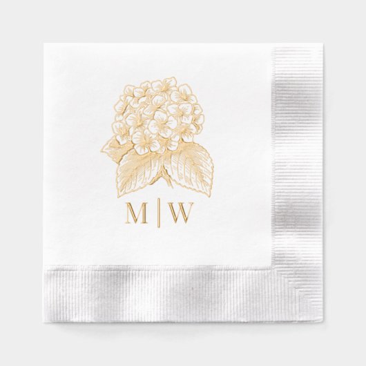 Elegante Hydrangea Boeket Bruidspaar Beginletters Folie Servetten (Voorkant)