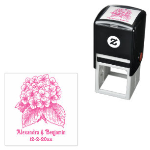 Elegante Hydrangea Boeket Bruidspaar Namen Datum Zelfinktende Stempel