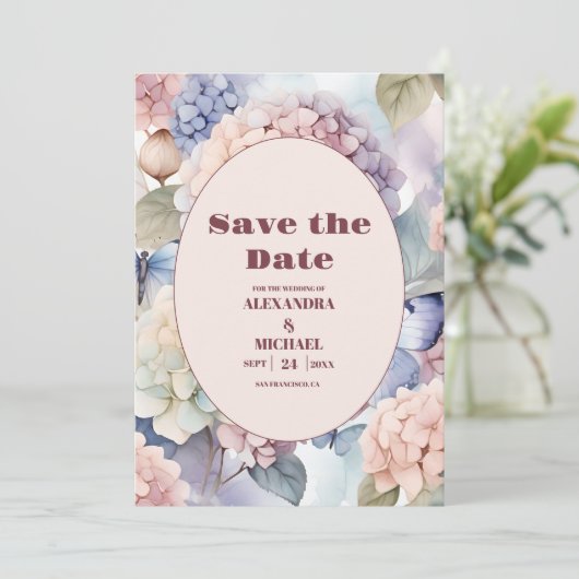 Elegante Hydrangea bruiloft Save The Date (Staand voorkant)