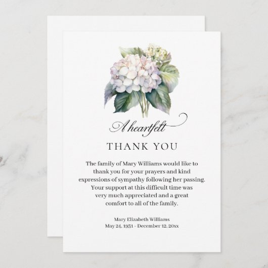 Elegante Hydrangea Floral Funeral Dank u Bedankkaart (Voorkant / Achterkant)