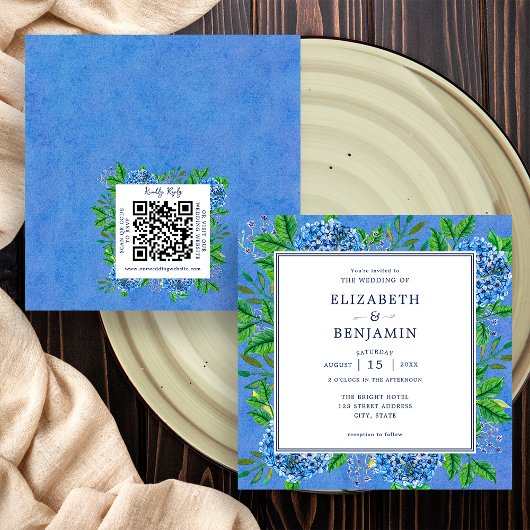 Elegante Hydrangea Huwelijksuitnodiging Met QR-cod Kaart