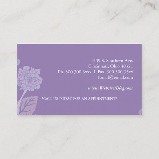 Elegante Hydrangeas Spa Salon Visitekaartje (Achterkant)