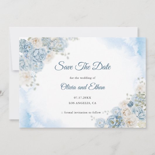 Elegante Ice Blue Ivoor Roos Bloemen Wedding Save The Date (Voorkant)