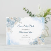 Elegante Ice Blue Ivoor Roos Bloemen Wedding Save The Date (Staand voorkant)