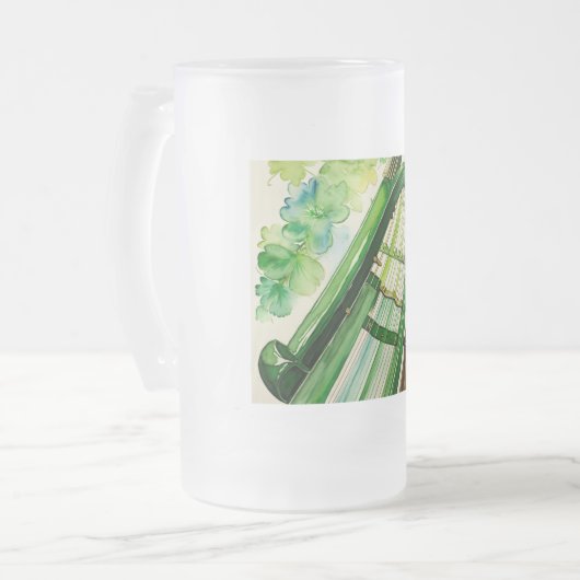 Elegante Ierse Harp Frosted Stein - Keltische muzi Matglas Bierpul (Voorkant links)