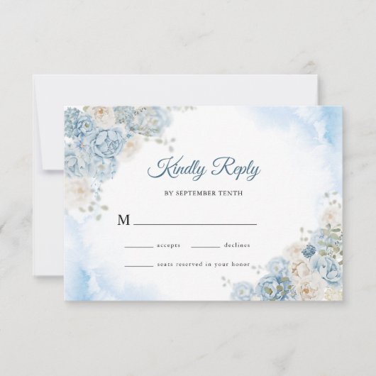 Elegante Ijsblauwe Ivoren Roos Bloemen Bruiloft RSVP Kaartje (Voorkant)
