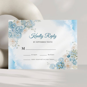 Elegante Ijsblauwe Ivoren Roos Bloemen Bruiloft RSVP Kaartje