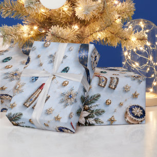 Elegante Ijsblauwe Saffier Kerstlinten Cadeaupapier
