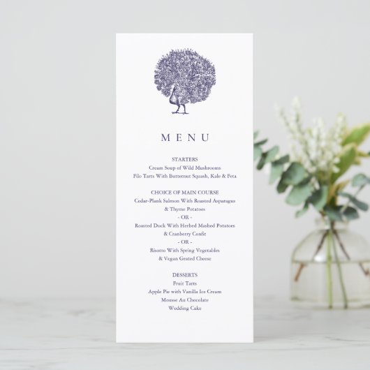 Elegante  illustratie Blauwe Pauw bruiloft Menu (Staand voorkant)