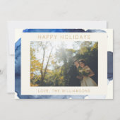 Elegante Indigo Abstract Waterverf Foto van Koppel Feestdagenkaart (Voorkant)