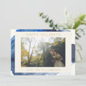 Elegante Indigo Abstract Waterverf Foto van Koppel Feestdagenkaart (Staand voorkant)