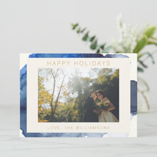 Elegante Indigo Abstract Waterverf Foto van Koppel Feestdagenkaart (Staand voorkant)