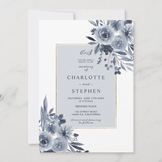 Elegante indigo blauw bloemen waterverf gouden bru kaart (Voorkant)