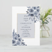 Elegante indigo blauw bloemen waterverf gouden bru kaart (Staand voorkant)