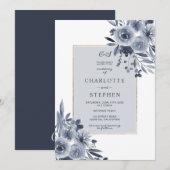 Elegante indigo blauw bloemen waterverf gouden bru kaart (Voorkant / Achterkant)