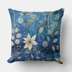 Elegante Indigo Blauwe Winter Botanische Kussen