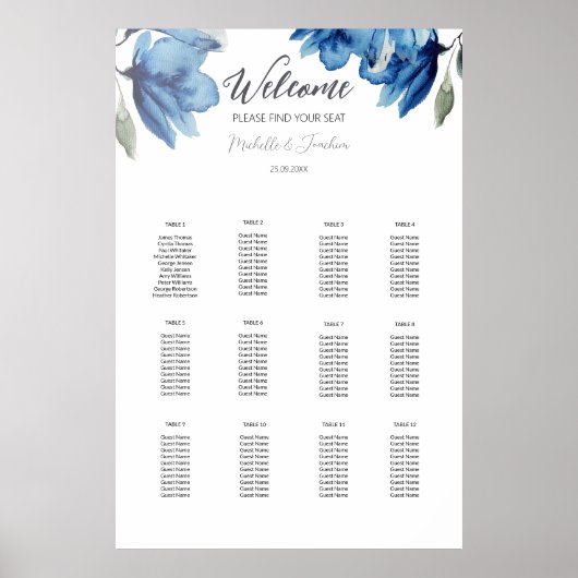 Elegante Indigo Boho Blue Waterverf gastenlijst Poster (Voorkant)
