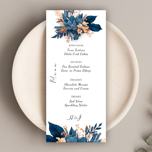Elegante Indigo Roest Bloemen Boho Bruiloft Menu