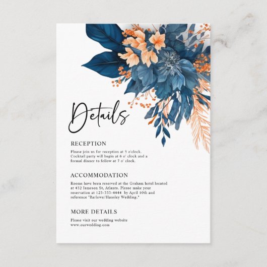 Elegante indigo roest bloemenbruiloft details informatiekaartje (Voorkant)